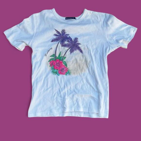 y2k beachy costal white purple pink baby tee tropical print women's size medium - Picture 1 of 5